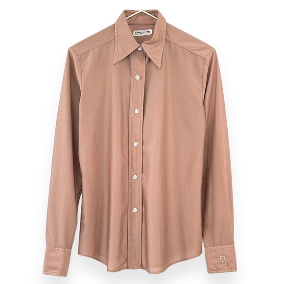 Vintage Dior Pale Pastel Pink Silky Nylon Lightweight Button Up Shirt - Picture 1 of 9